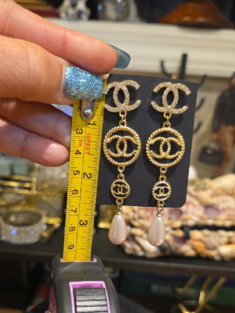 Fashion Jewelry Gold-Tone Pearl Drop Double CC Dangle Earrings - Picture 4 of 4